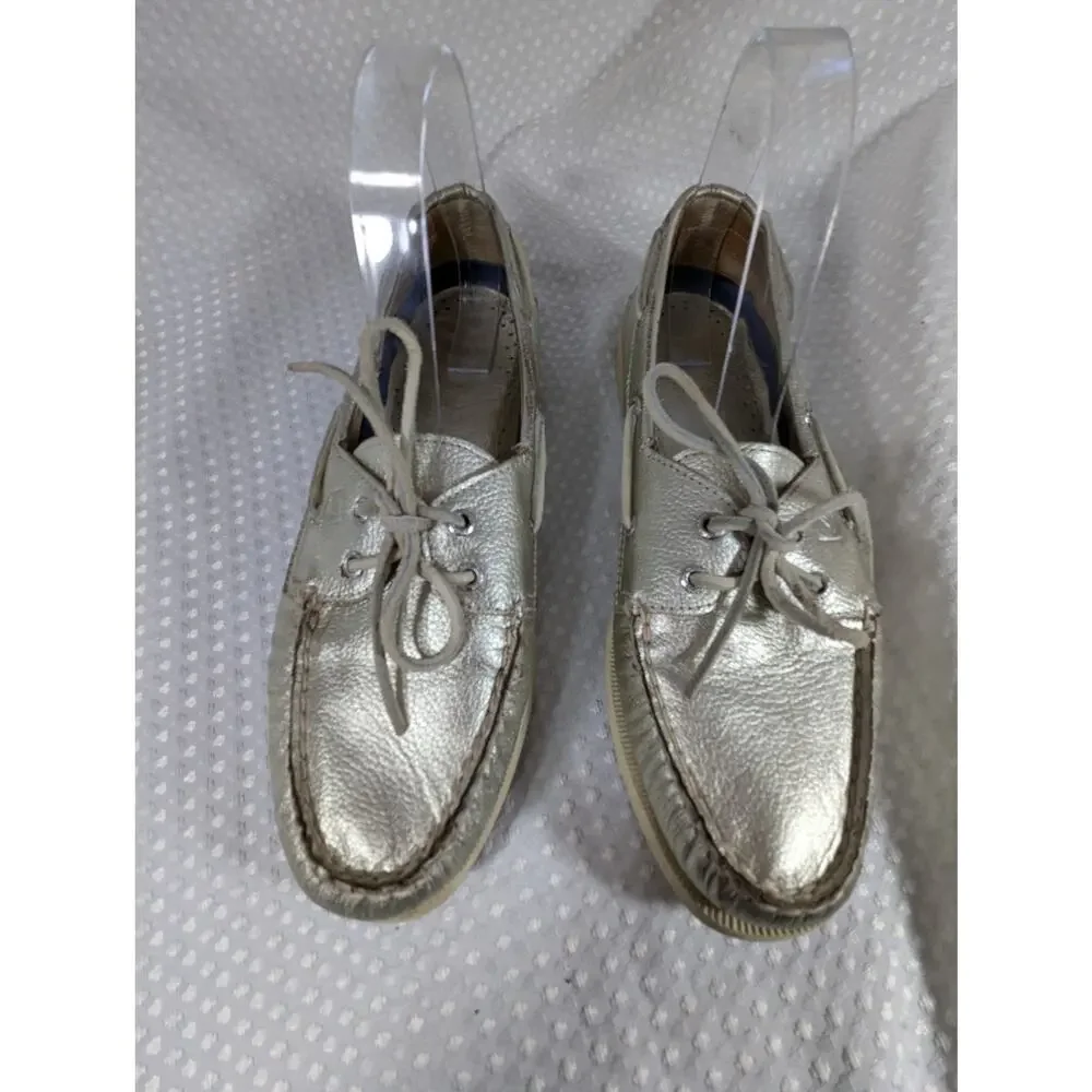 SPERRY TOPSIDER! GOLD GENUINE LEATHER BOAT SHOES NON-MARKING WHITE SOLE! SZ 9.5M